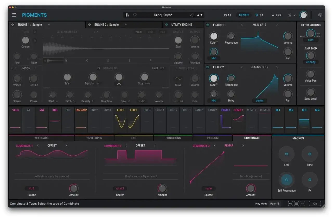 Das Interface des **Pigments VST** zeigt eine komplexe Synthesizer-Oberfl&auml;che mit zwei Engines, Filtern, LFOs und Makros zur Klanggestaltung.