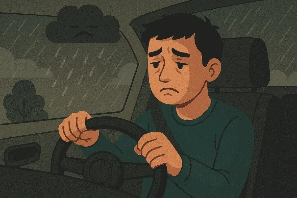 Hombre con cara de preocupaci&oacute;n al volante bajo una nube triste y lluviosa. Busca trucos para conducir sin nervios y mejorar tu experiencia al volante.
