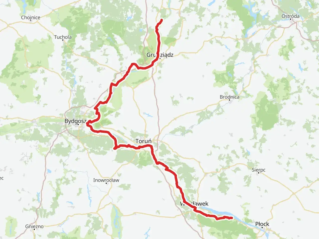 Mapa z zaznaczonymi trasami rowerowymi Kujawsko-Pomorskiego, wiodącymi przez Bydgoszcz, Toruń i Grudziądz.