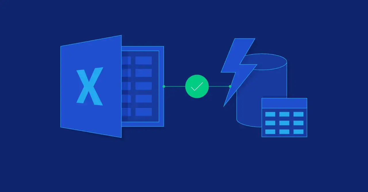 Icona di Excel collegata a un database con un fulmine, che simboleggia la conversione da JSON a Excel.