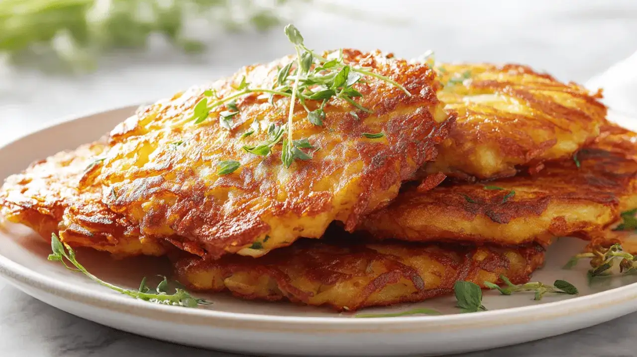 Goldbraune Kartoffelpuffer im Airfryer, knusprig und appetitlich, garniert mit frischen Kr&auml;utern.