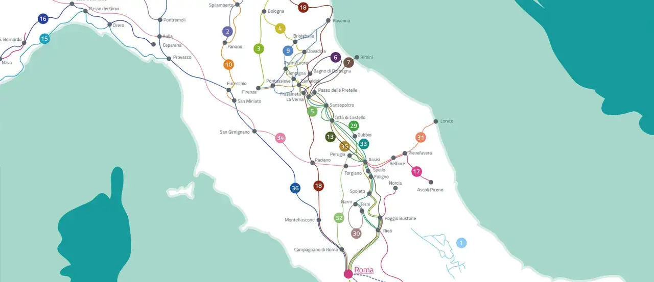 Mappa del cammino Rimini La Verna, con sentieri che collegano citt&agrave; come Firenze, Gubbio e Roma.