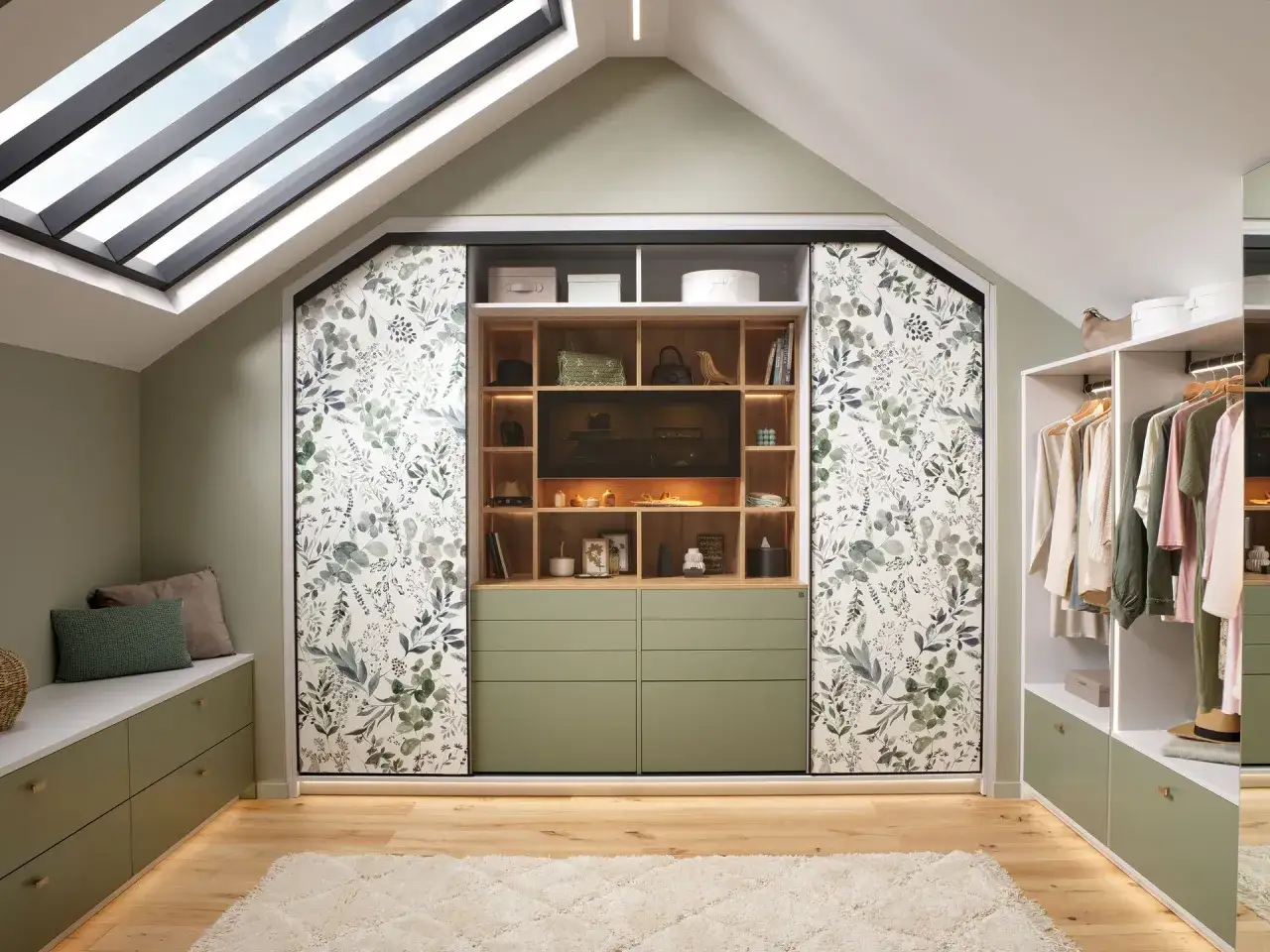 Un armario moderno con puertas de cristal y dise&ntilde;o floral. Ideas para como dise&ntilde;ar un armario funcional y est&eacute;tico, con espacio para ropa y accesorios.