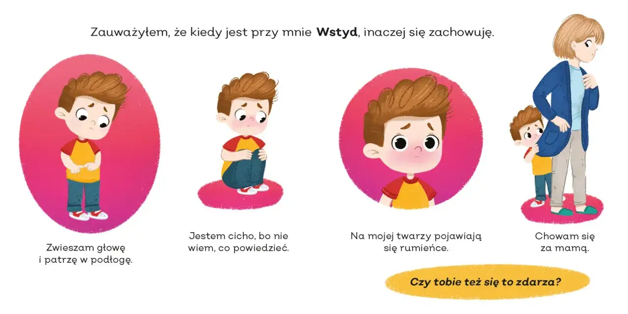 Chłopiec czuje wstyd: spuszcza głowę, milczy, rumieni się i chowa za mamą. Czy tobie też się to zdarza?