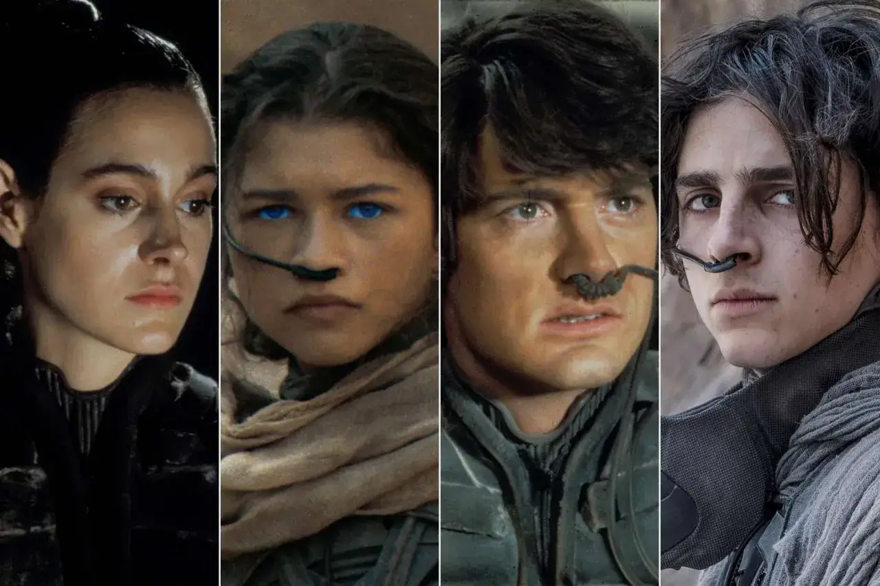 Ansiktsbilder av rollistan i Dune: Chani, Paul, Jessica och Stilgar.