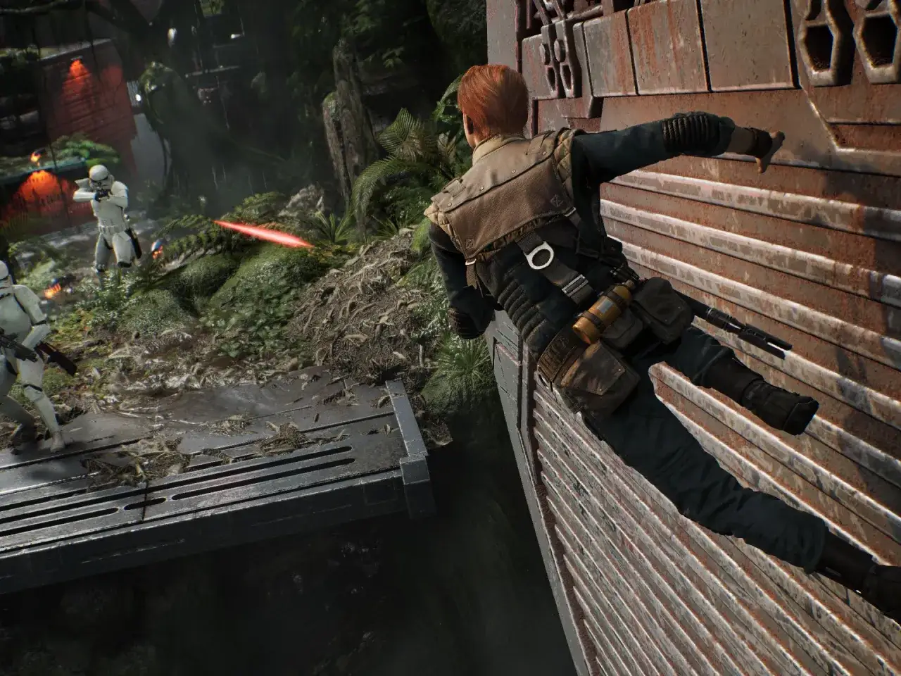 Cal Kestis unika ostrzału szturmowców, wspinając się po ścianie. To kluczowa scena z gry Star Wars Jedi: Fallen Order poradnik.