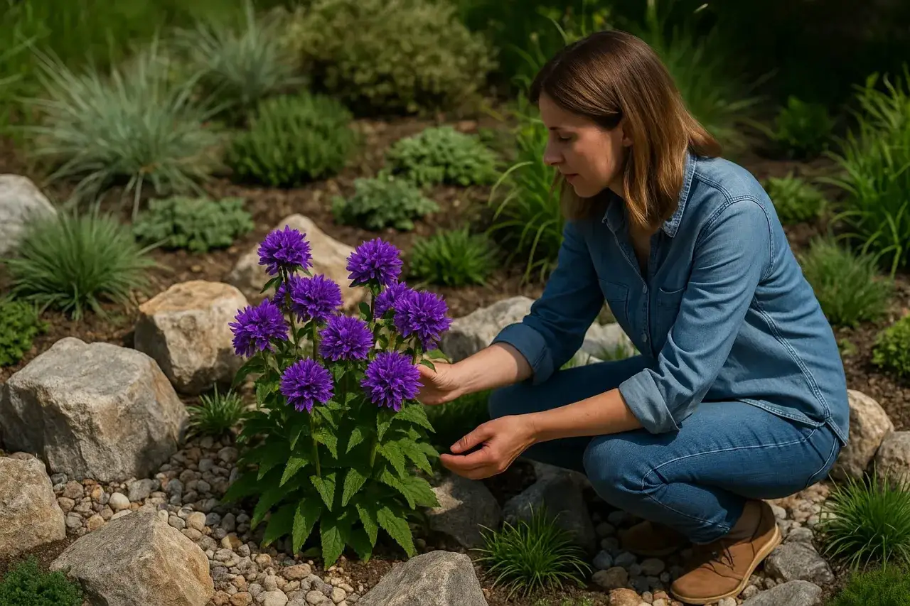 Kobieta w dżinsowej koszuli podziwia fioletowe kwiaty dzwonka. Wokół kamienie i zielone rośliny. Campanula po przekwitnięciu wciąż zachwyca.