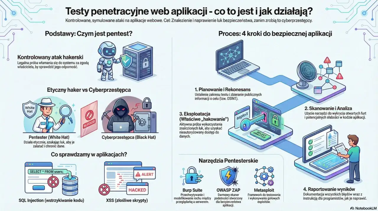 Ilustracja przedstawia proces web testing, czyli etapy pentestu: planowanie, skanowanie, eksploatację i raportowanie.