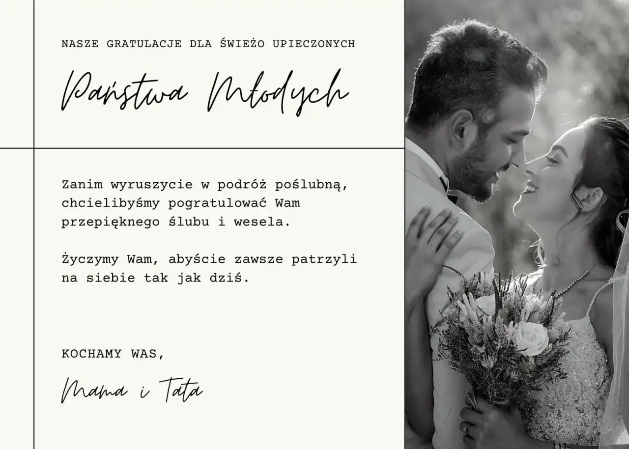 Mądre życzenia ślubne od rodziców dla Pary Młodej. Kochający rodzice życzą wiecznej miłości i patrzenia na siebie z taką samą czułością jak dziś.