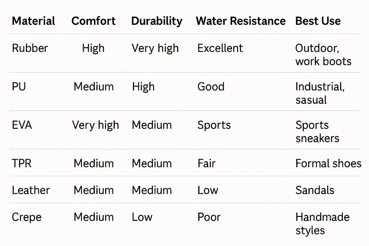 Tabla comparativa de materiales para calzado. La suela tpr ofrece confort y durabilidad medios, ideal para zapatos formales.