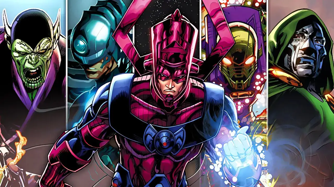 Los 4 Fantásticos ordenan a sus enemigos: Galactus, Doctor Doom, Super Skrull y otros villanos cósmicos.