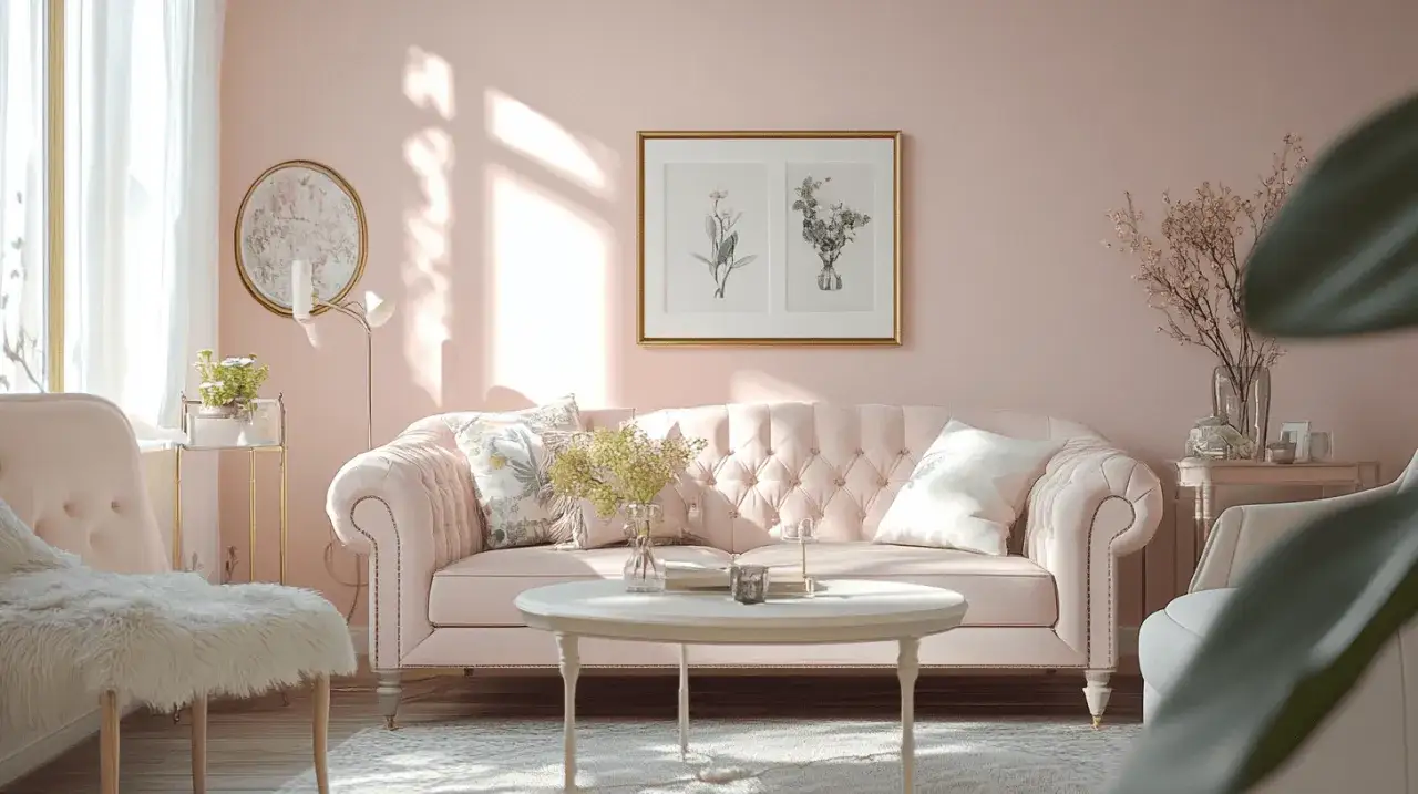 Ein gemütliches Wohnzimmer mit rosa Wand, einem rosafarbenen Sofa, einem weißen Couchtisch und einem flauschigen Sessel.