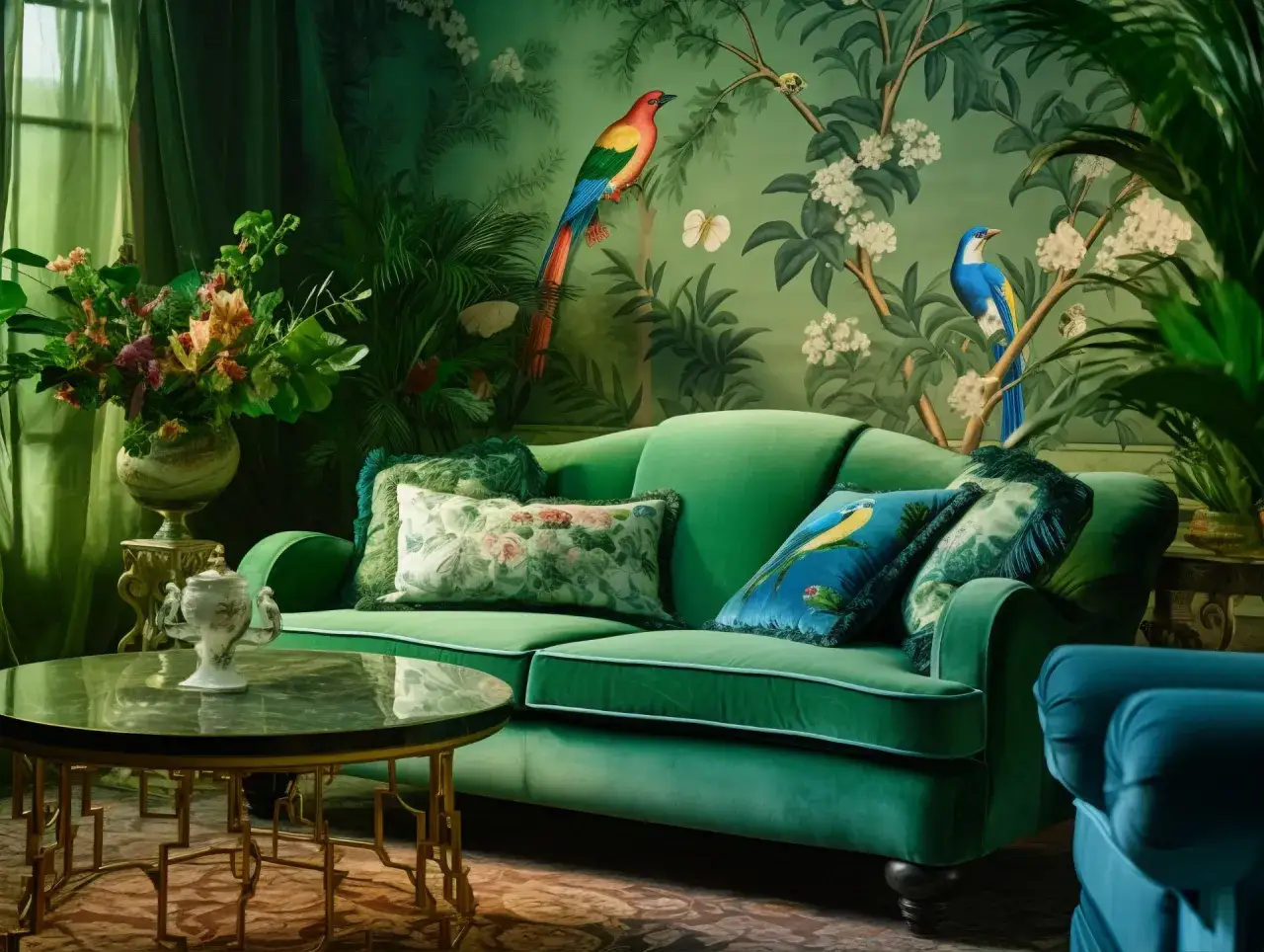 Elegancja w stylu sztuka art deco: zielona sofa, bujna roślinność i egzotyczne ptaki na tapetach tworzą tropikalny raj.