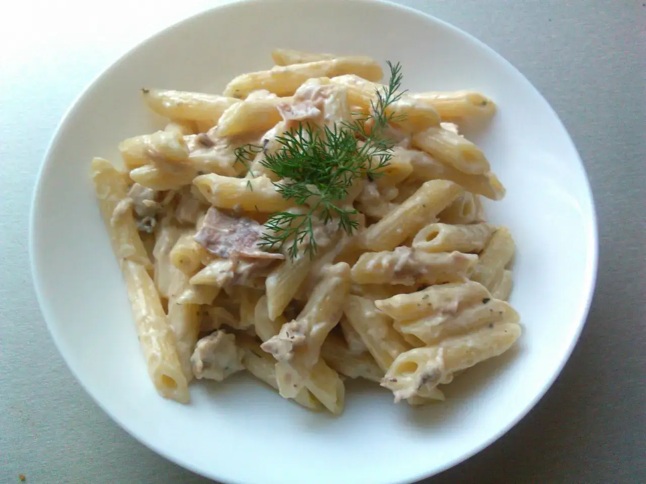 Penne z mięsem mielonym w kremowym sosie śmietanowo-serowym, udekorowane gałązką koperku. Pyszne danie na obiad.