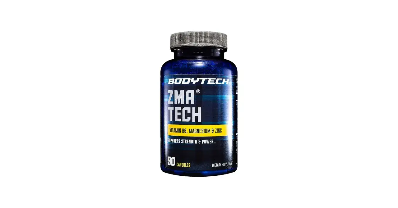 Suplement diety ZMA Tech od Bodytech, zawierający witaminę B6, magnez i cynk. Wspiera siłę i moc. 90 kapsułek.