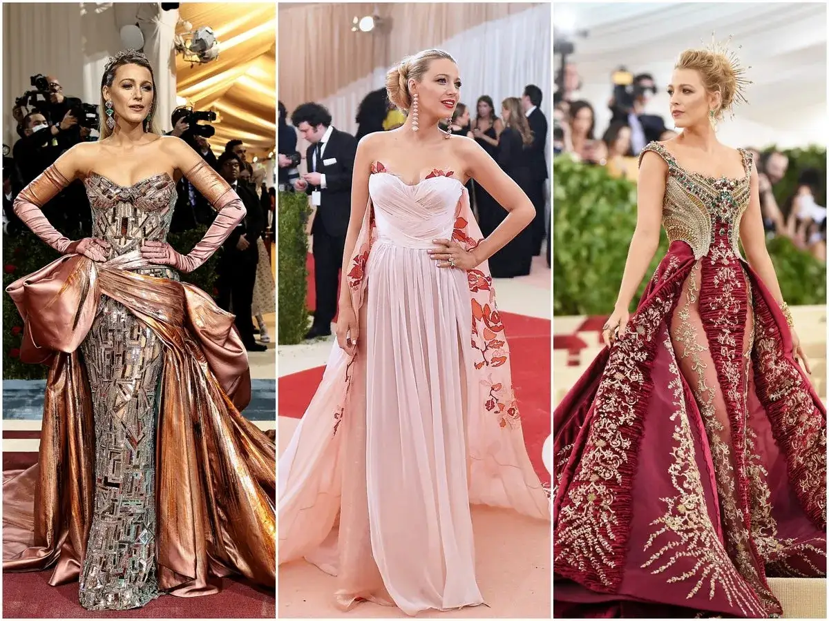 Blake Lively deslumbr&oacute; en la Met Gala con tres looks ic&oacute;nicos: uno met&aacute;lico con guantes, otro rosa con flores y uno burdeos con intrincados bordados.