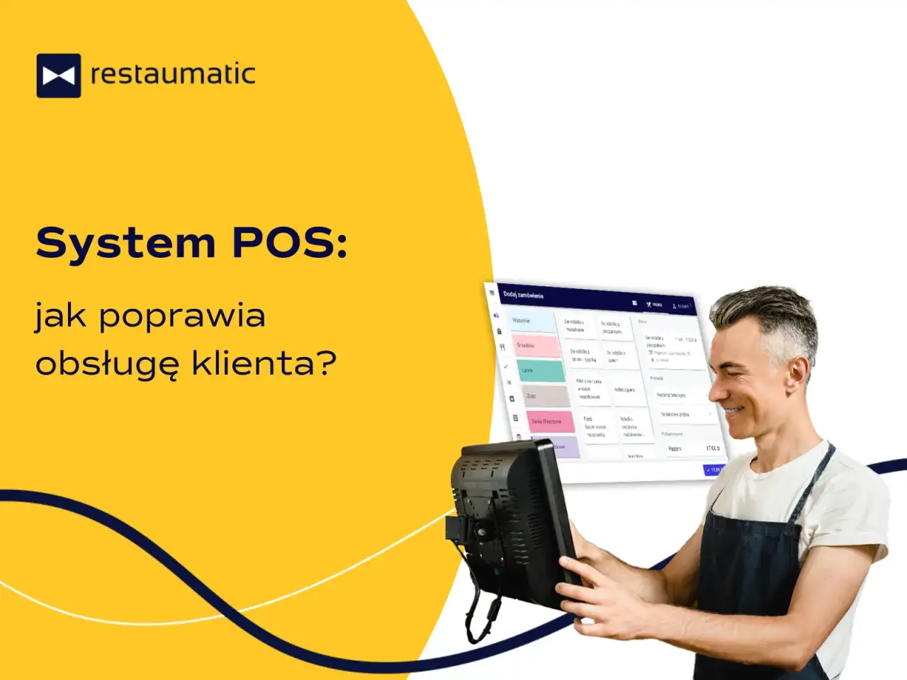Uśmiechnięty kelner obsługuje system POS. Sprawdź restaumatic opinie, jak usprawnić obsługę klienta.