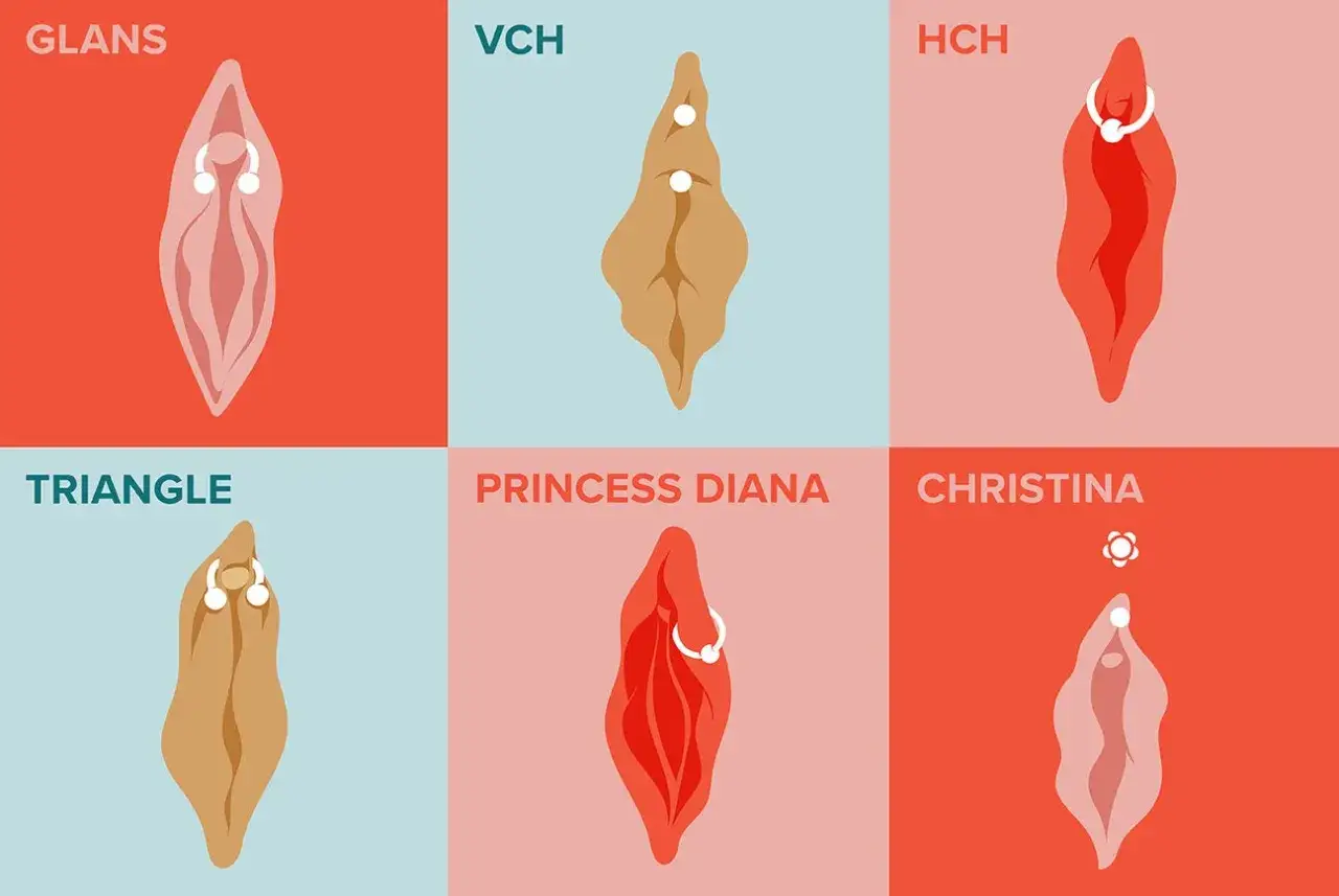 Ilustracje różnych typów piercingu intymnego, w tym VCH piercing.