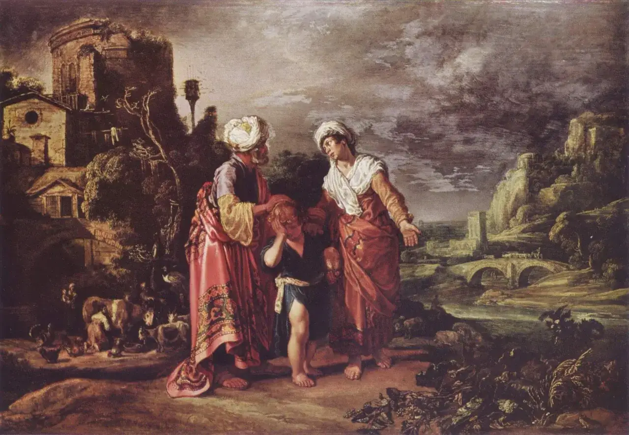 Abraham i Hagar, zmartwieni losem swojego syna Izmaela, wędrują przez pustynię.