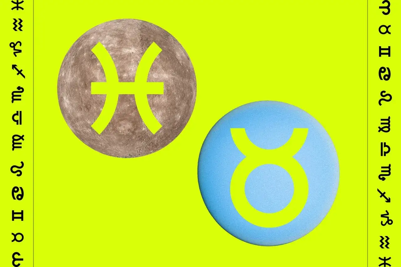 Merkury w Wodniku, symbol Ryb na tle planety. Obok symbol Byka na niebieskiej kuli.