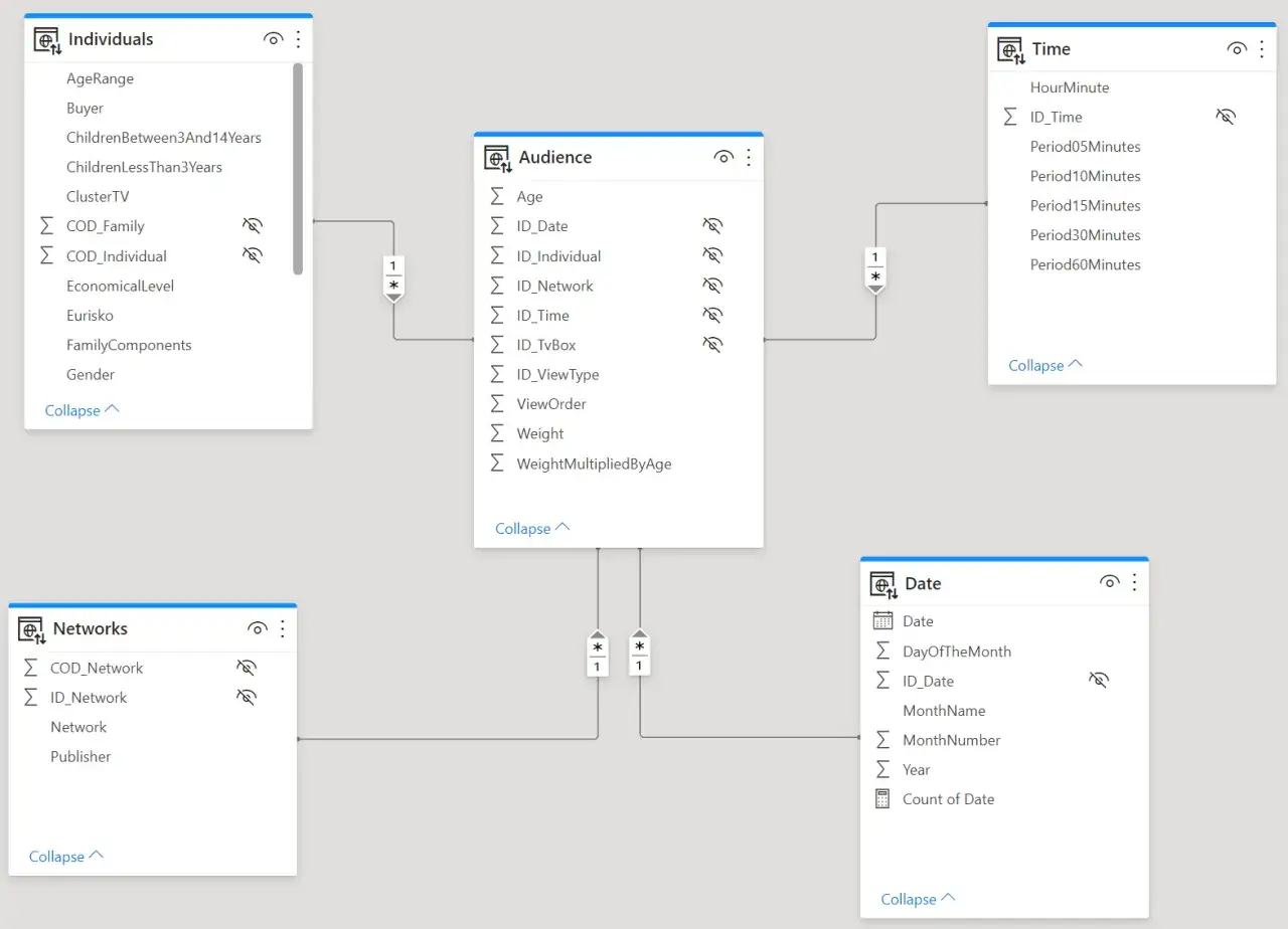 Schema di **data model Power BI** con tabelle collegate: Individuals, Audience, Time, Date, Networks.
