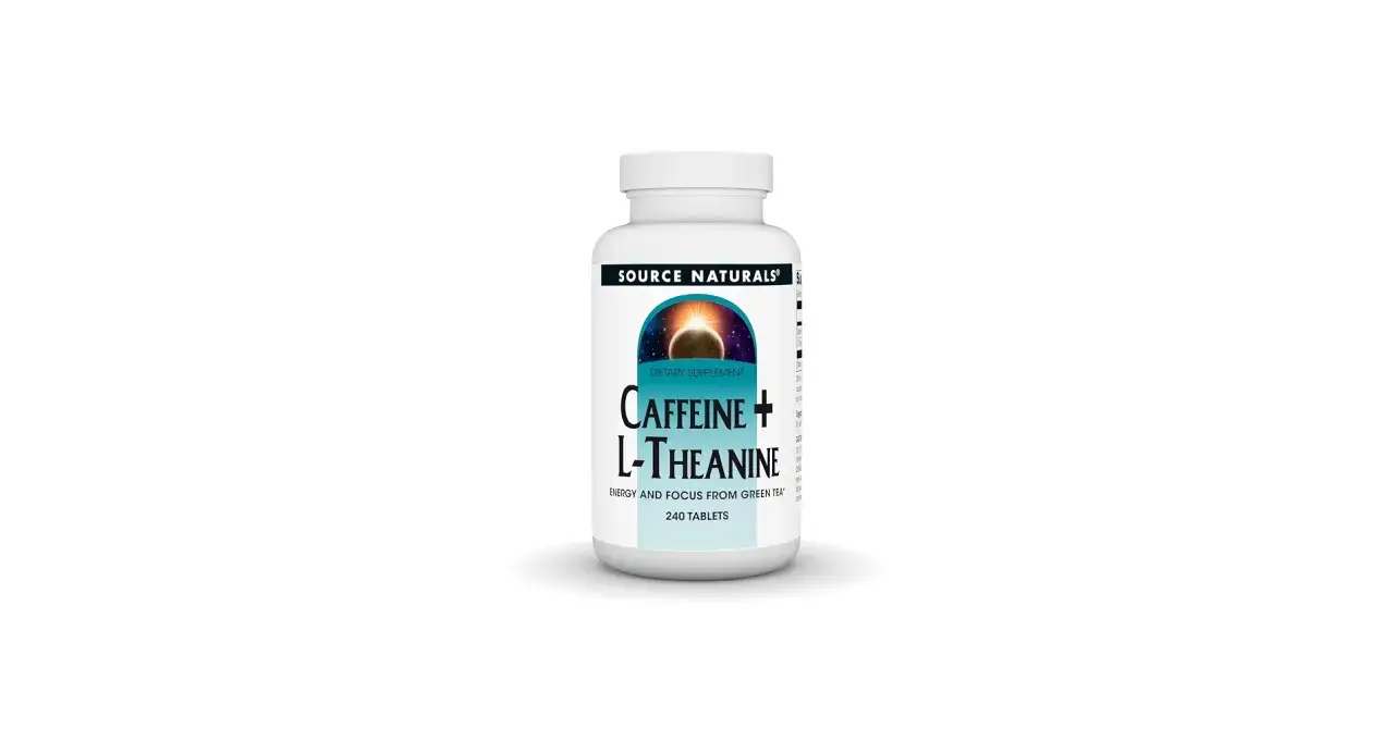 Biała butelka suplementu diety Caffeine + L-Theanine od Source Naturals, zawierająca 240 tabletek.