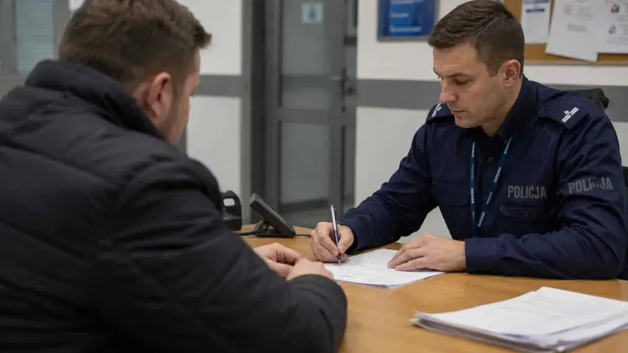 Policjant w mundurze spisuje dokumenty, pomagając obywatelowi dowiedzieć się, jak sprawdzić status sprawy na policji.