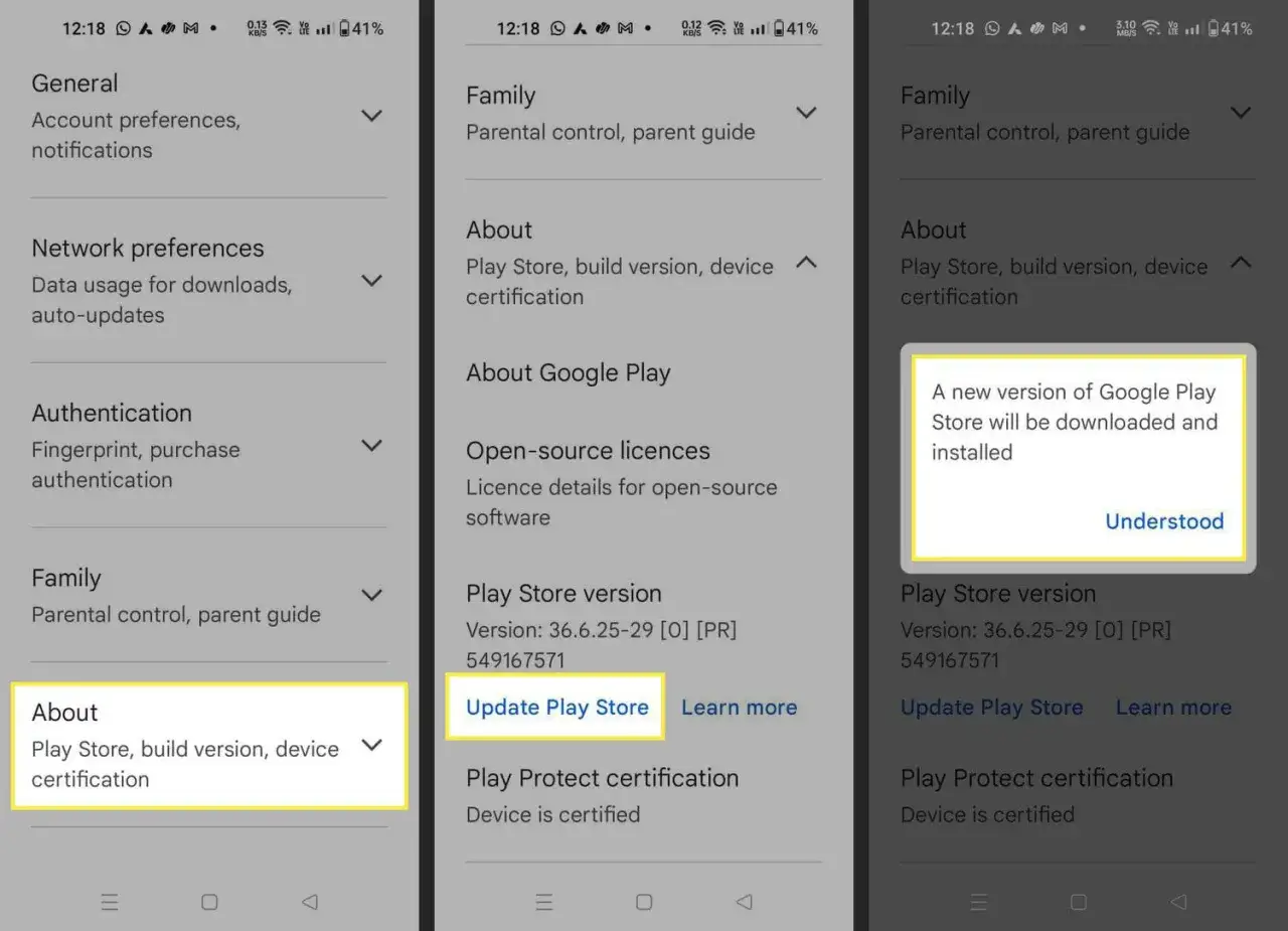 Ekran telefonu z informacją o pobieraniu i instalacji nowej wersji Sklep Play.