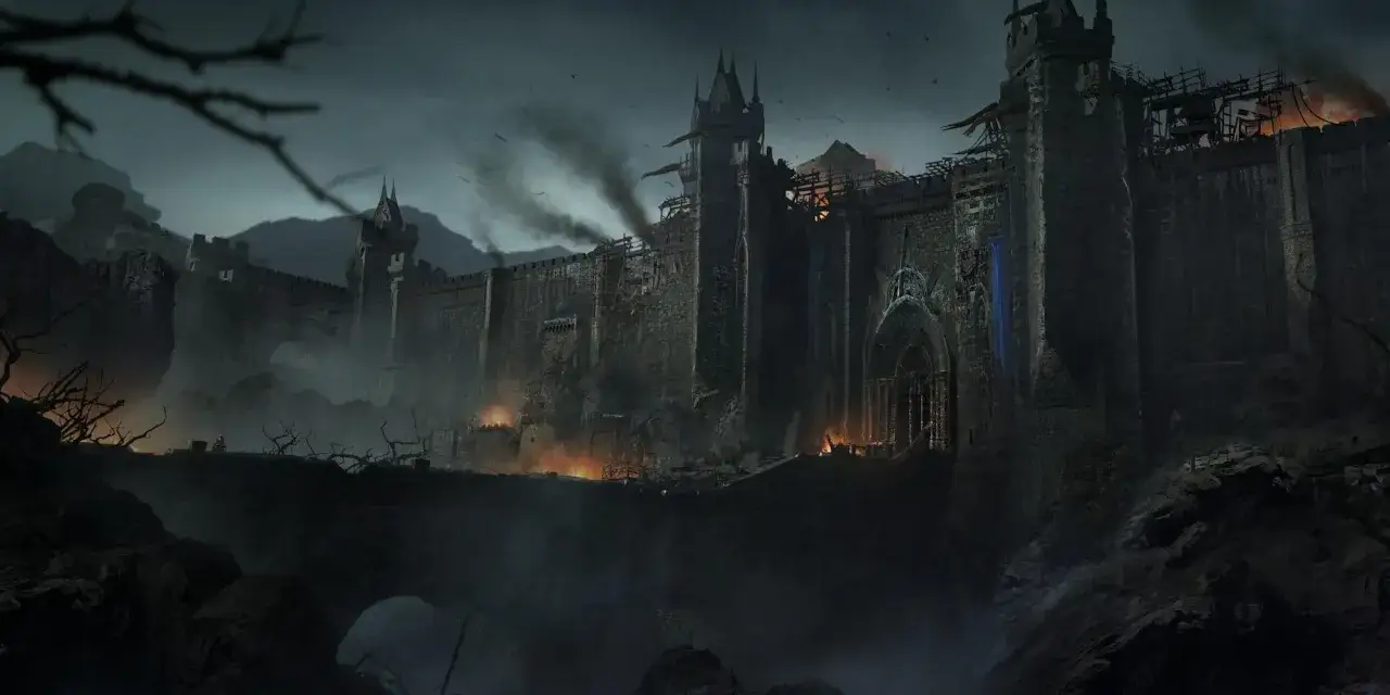 Mroczny zamek, płonące ruiny i dym unoszący się w powietrzu. To krajobraz z gry Demon's Souls Remake PC, pełen grozy i zniszczenia.