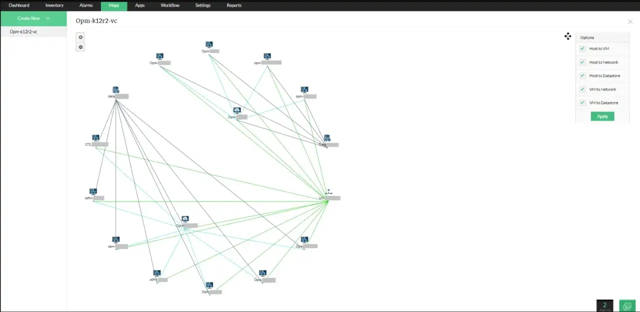 A network management map showing connections between various virtual machines, hosts, and datastores.