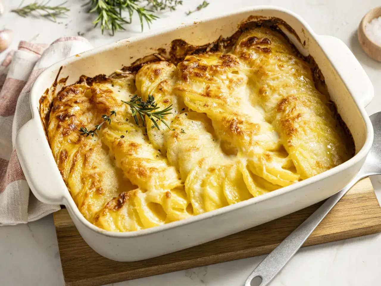 Herzhaftes Kartoffelgratin mit gekochten Kartoffeln, überbacken mit goldbraunem Käse und garniert mit frischem Thymian.
