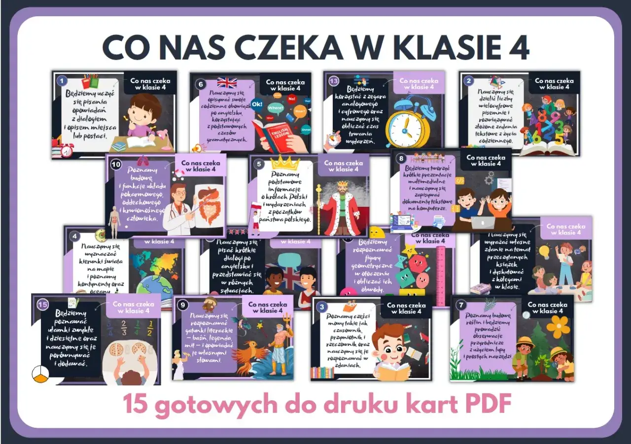 Karty pracy dla klasy 4: nauka pisania, angielskiego, matematyki, przyrody i historii.