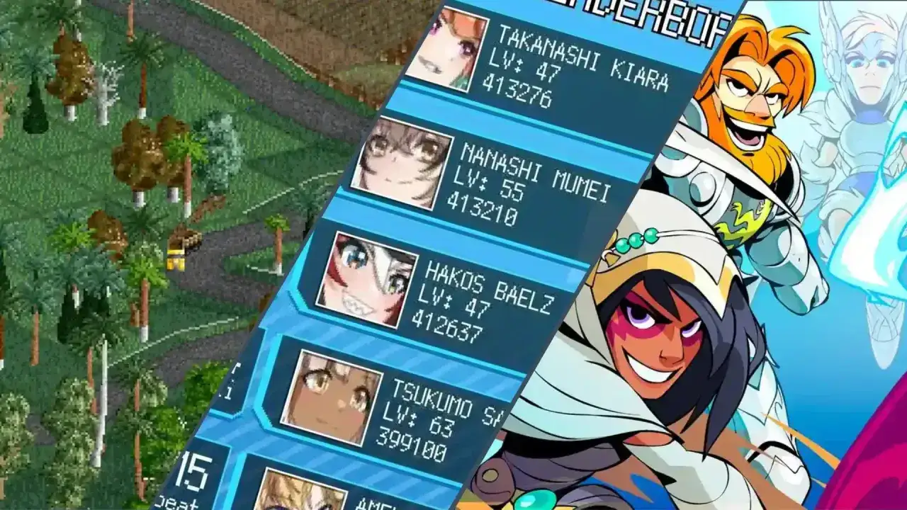 Lista postaci z gry, jak darmowe gry na Steam. Widoczni są Takanashi Kiara, Nanashi Mumei, Hakos Baelz i Tsukumo Sana.