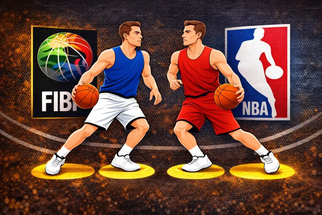Dw&oacute;ch koszykarzy, jeden w niebieskim, drugi w czerwonym stroju, szykuje się do dogrywki w koszyk&oacute;wce. W tle loga FIBA i NBA.