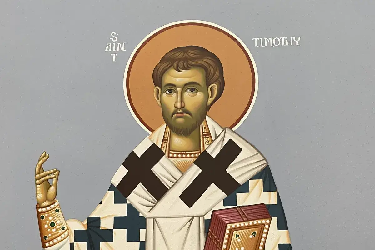 Ikona przedstawia świętego Tymoteusza z podniesioną dłonią i księgą.