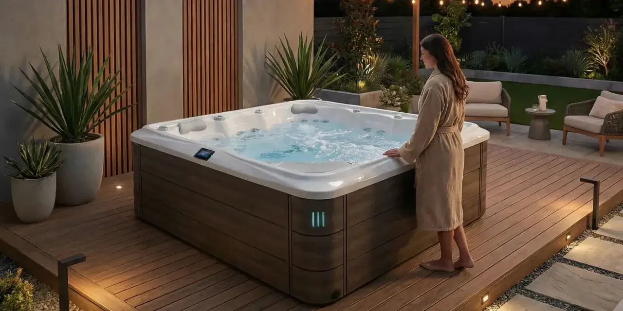 Eine Frau im Bademantel steht an einem Whirlpool im Garten. Die **Whirlpool Ecke im Garten gestalten** ist hier mit Holzdeck, Pflanzen und stimmungsvoller Beleuchtung perfekt umgesetzt.