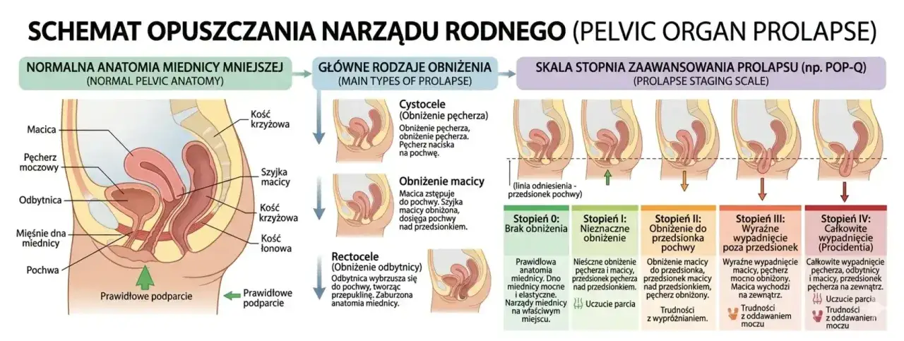 Schemat pokazuje, jak przesuwają się narządy w ciąży: od prawidłowego ułożenia do całkowitego wypadnięcia macicy, pęcherza i odbytnicy.