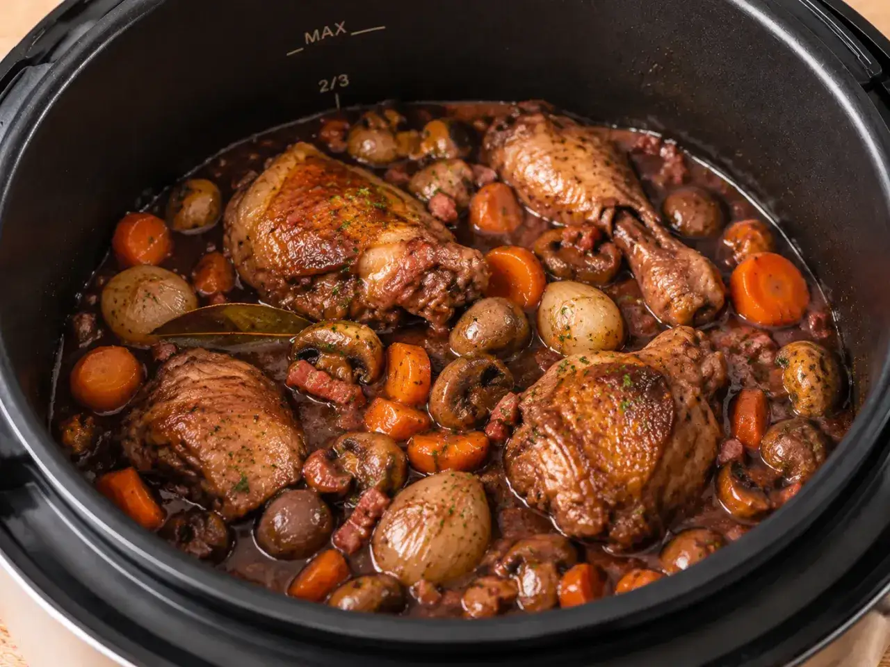 Un plat mijoté de coq au vin dans une cocotte, avec des morceaux de poulet, des champignons, des oignons et des carottes dans une sauce brune.