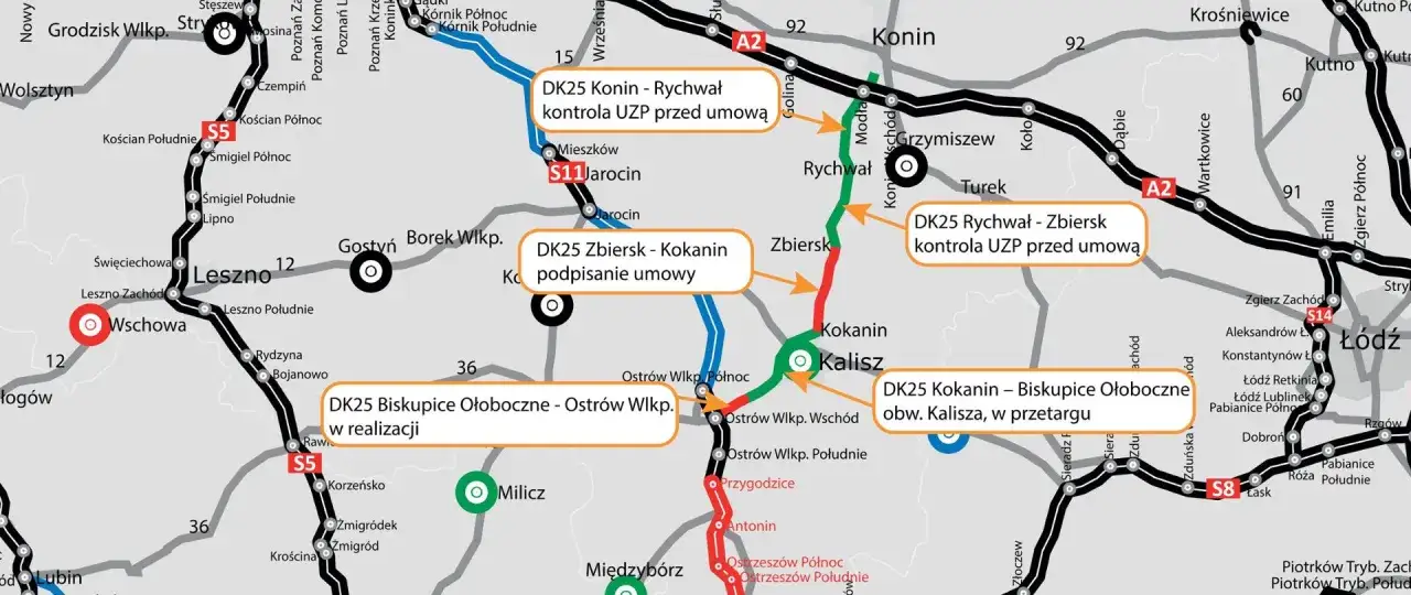 Mapa drogowa z zaznaczonymi odcinkami drogi krajowej 25, w tym DK25 Biskupice Ołoboczne - Ostrów Wlkp. w realizacji.