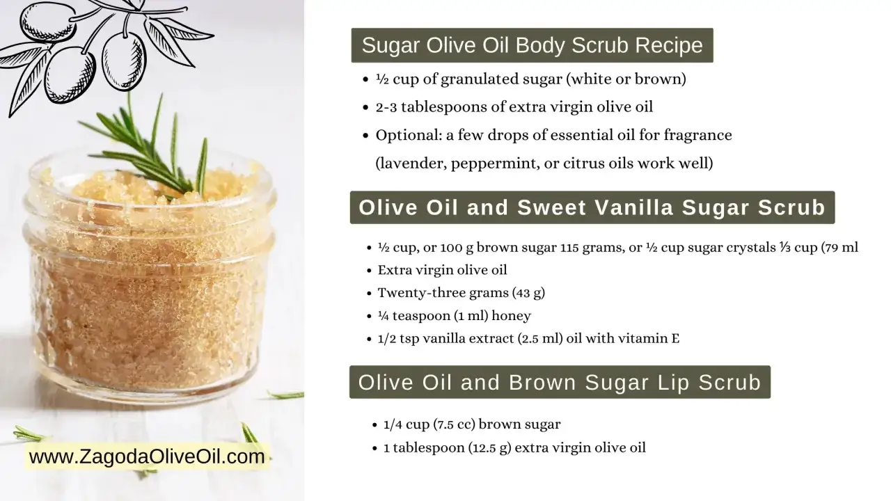 Glas mit selbstgemachtem Zucker-Olivenöl-Peeling, verziert mit Rosmarin. Rezepte für Sugar Scrub.
