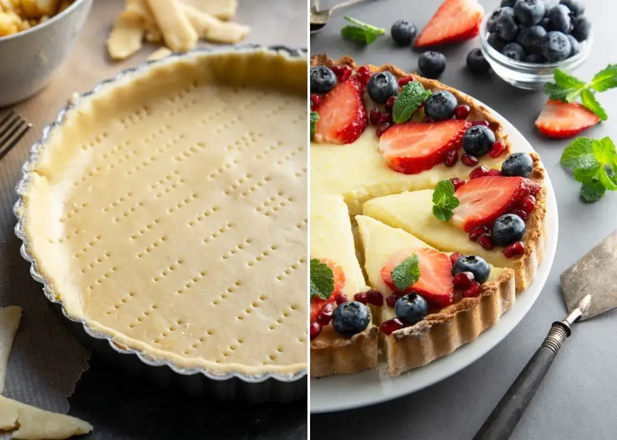 Masa de tarta cruda en molde y tarta terminada decorada con frutas frescas.