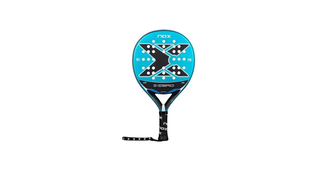 Racchetta da padel blu NOX X-ZERO con design a X nero e fori bianchi.