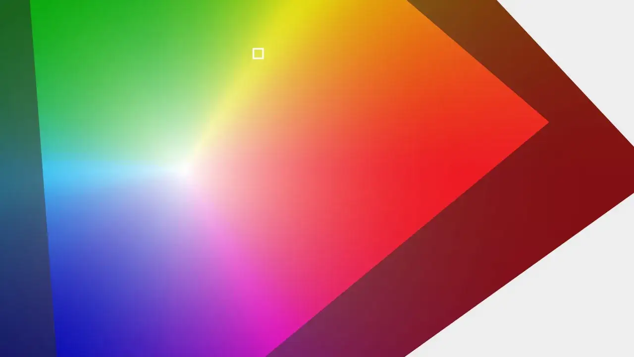 Spettro di colori vibranti, dal verde al rosso, con un punto luminoso al centro. Un'area geometrica rossa e scura si sovrappone, suggerendo un processo di post-produzione.
