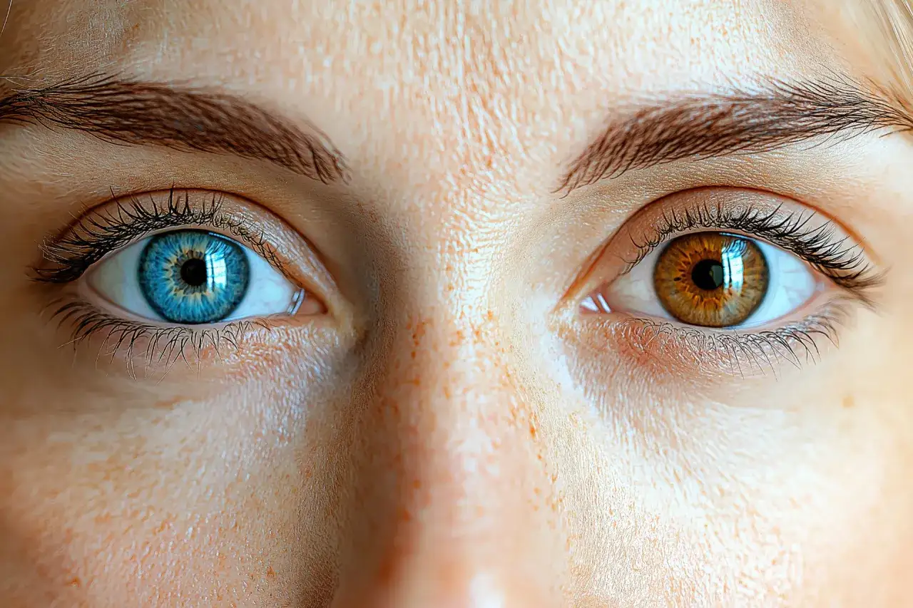 Oczy z **heterochromią sektorową**: jedno błękitne, drugie brązowe, otoczone piegami.