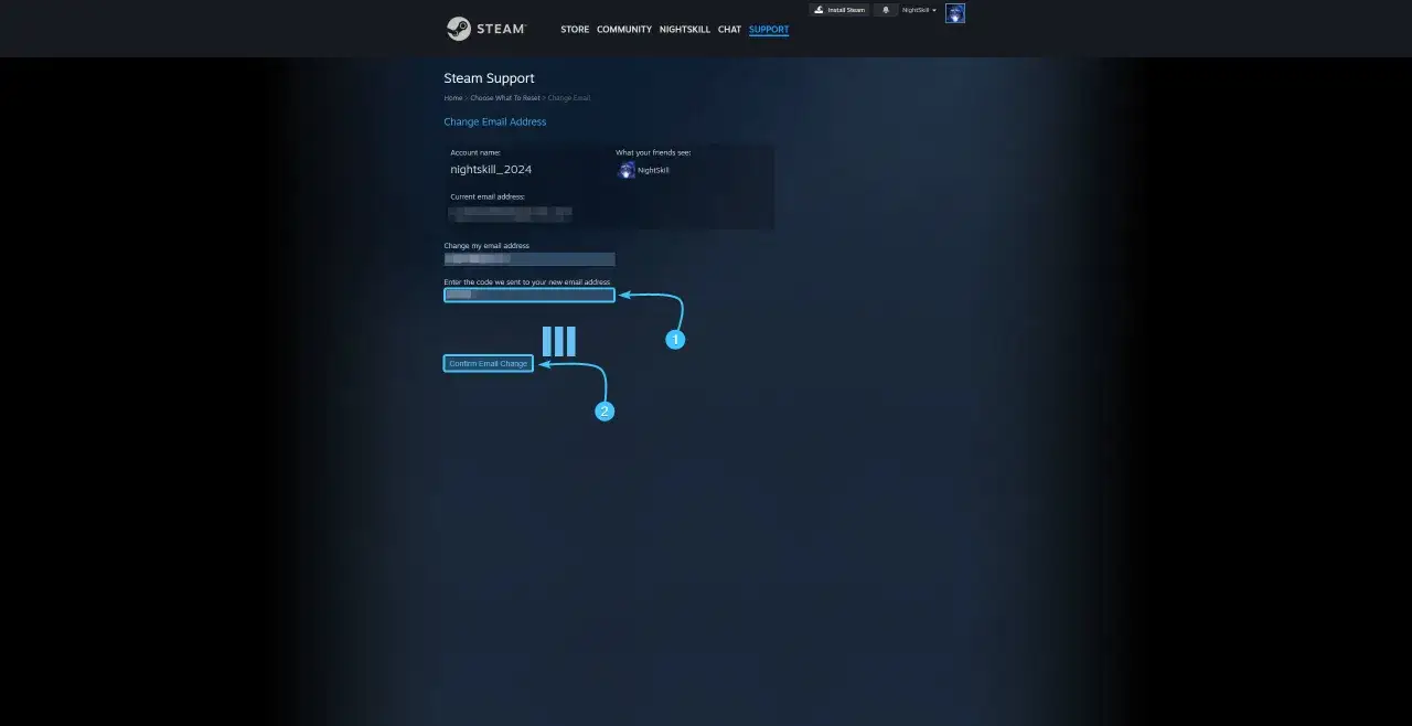Strona wsparcia Steam pokazuje, czy można zmienić email na Steam. Wpisz kod z maila, by potwierdzić zmianę.