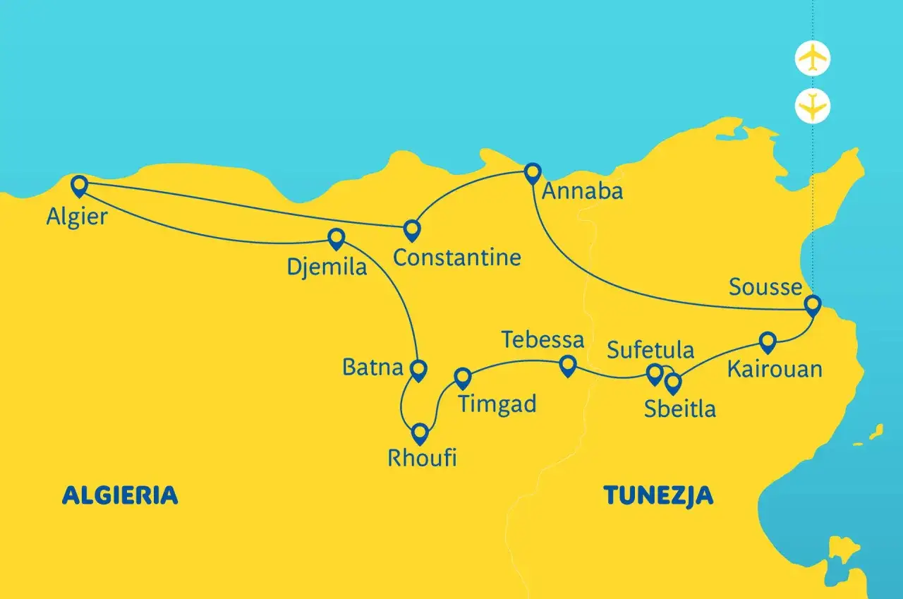 Mapa tras podróży po Tunezji i Algierii. Planujesz, kiedy lecieć do Tunezji? Zobacz miasta takie jak Algier, Sousse, Kairouan.