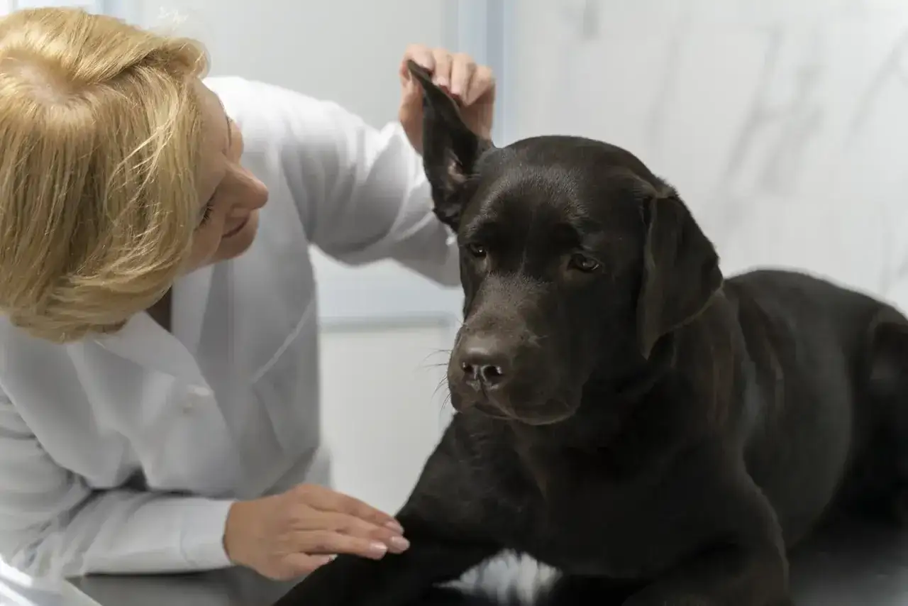 Weterynarz delikatnie sprawdza ucho brązowego labradora. Dowiedz się, czym czyścić uszy psa, aby zapewnić mu komfort.