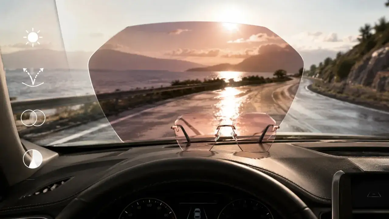 Sonnenbrille auf dem Armaturenbrett. Polarisierte Sonnenbrille Nachteile: Displays k&ouml;nnen dunkler erscheinen.