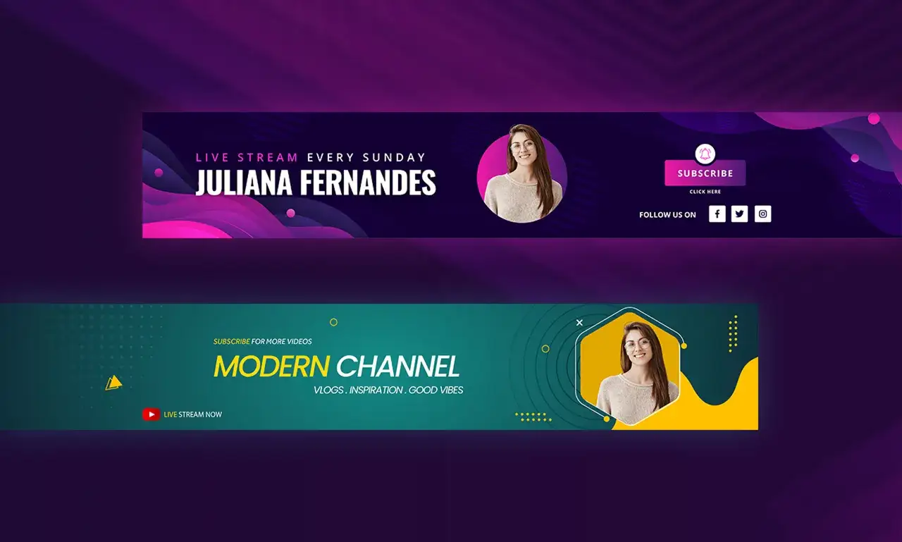 Dwa banery YouTube: jeden z Julią Fernandes i informacją o live streamie, drugi z napisem 