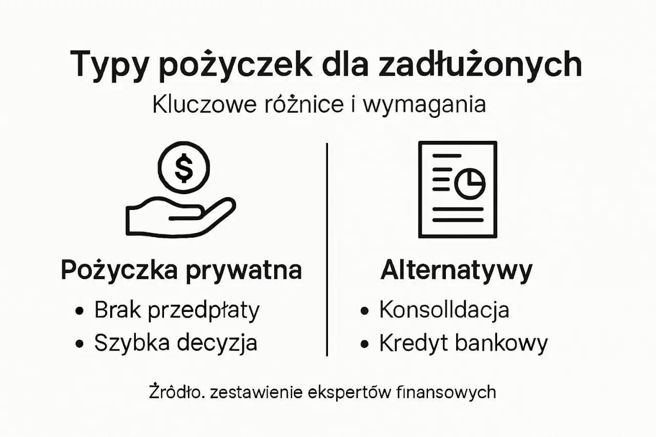 Pożyczki dla zadłużonych ze złą historią bez przedpłat weryfikacyjnych. Obraz przedstawia typy pożyczek: prywatne (bez przedpłat, szybka decyzja) i alternatywy (konsolidacja, kredyt bankowy).
